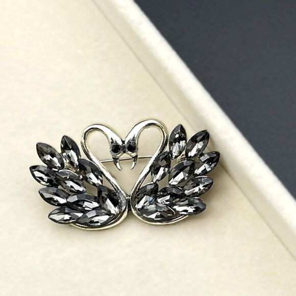 Silver with Gray and Black Onyx Crystal Kissing Swan Duo Pin Back Brooch - Picture 4 of 7